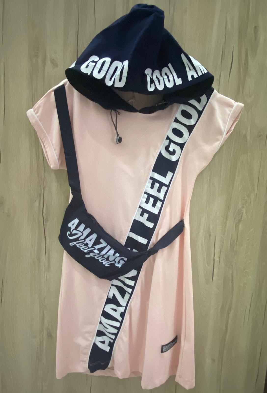 Kız Elbise | Pudra Pembe Kapüşonlu Model