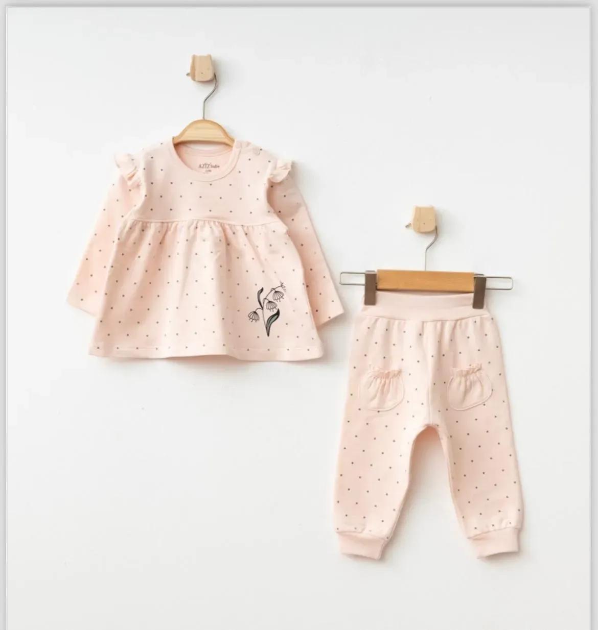 Kız Bebek Somon 2’li Set | Uzun Kollu Badi ve Pantolon | %100 Pamuk Takım