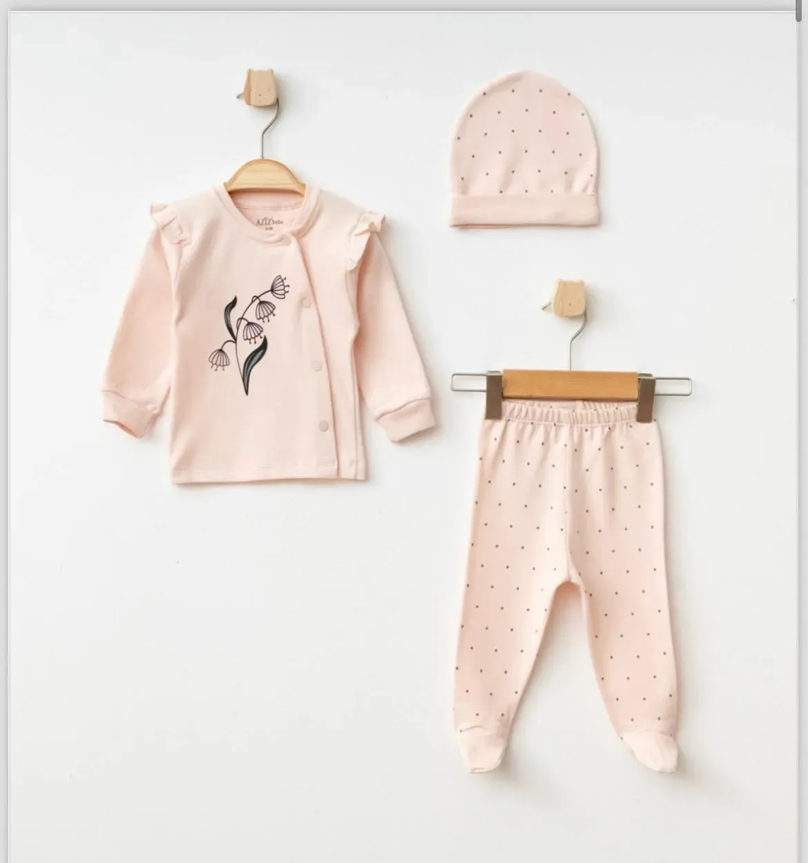 Kız Bebek Somon 3’lü Patikli Set | Badi, Üst ve Patikli Alt | %100 Pamuk