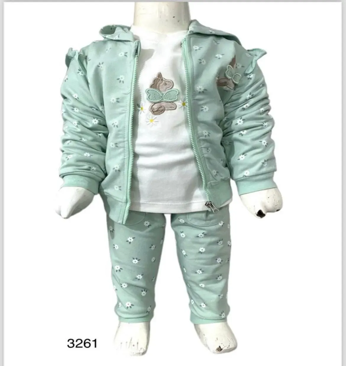 Kız Bebek 3’lü Takım | Su Yeşili Kapüşonlu Ceket, Body ve Pantolon