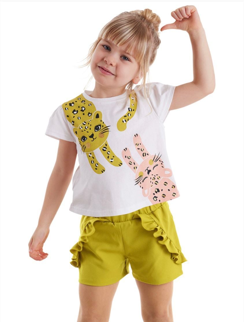 Muzip Kediler Fırfırlı Kız Çocuk T-shirt Şort Takım
