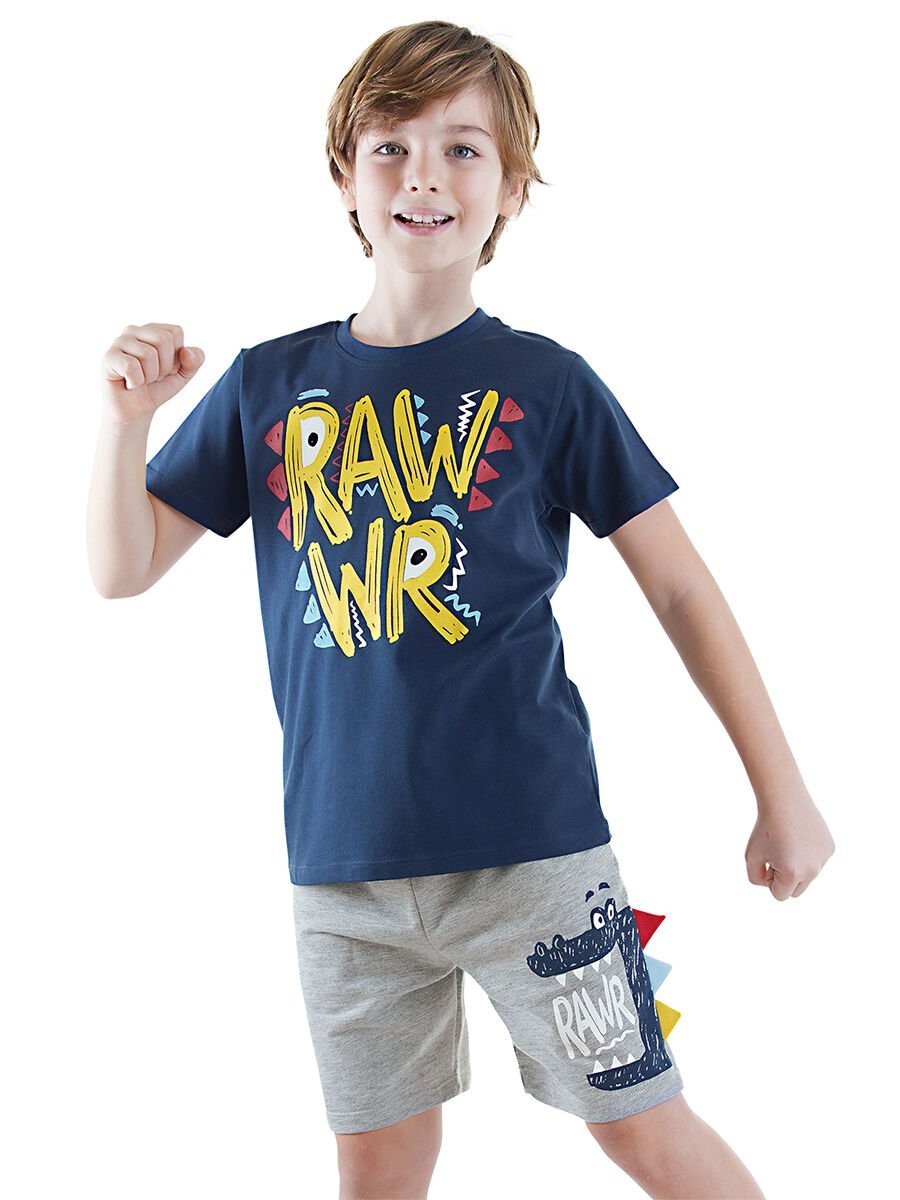 Rawr Erkek Çocuk T-shirt Şort Takım | Yazlık Dino Baskılı %100 Pamuk Set