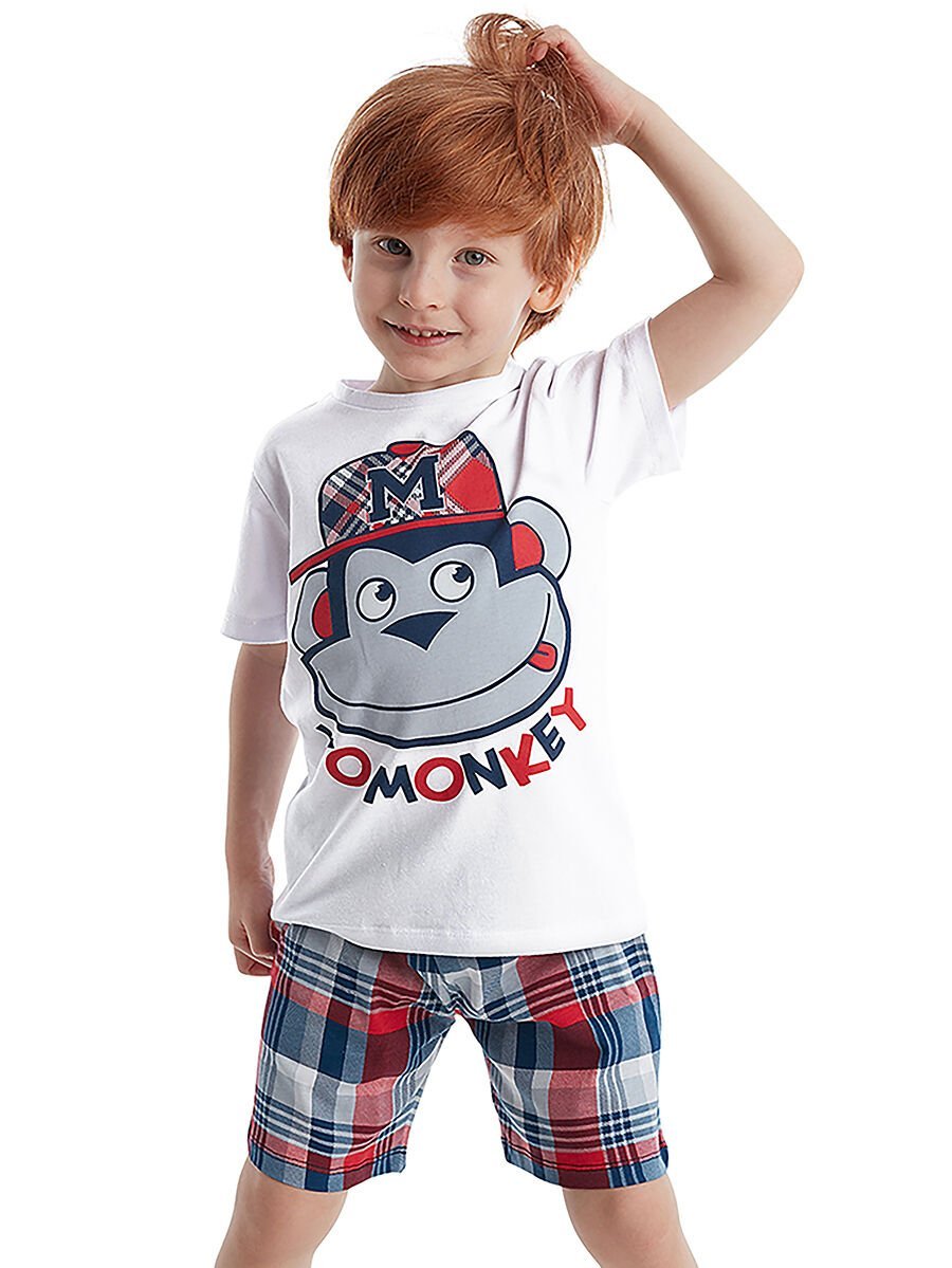 Deno Monkey Plaid Erkek Çocuk T-shirt Şort Takım | Yazlık %100 Pamuk Desenli Set