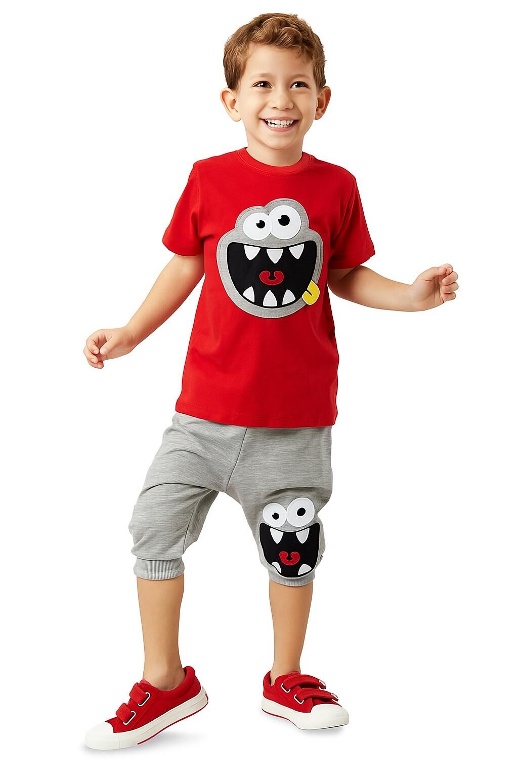 Deno Mr. Laugh Erkek Çocuk T-shirt Şort Takım | Yazlık %100 Pamuk Eğlenceli Desenli Set