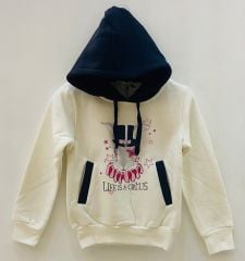 Kız Çocuk Kapüşonlu Sweatshirt – Ekru, 3 İplik Şardonlu, Cepli, Ön Baskılı