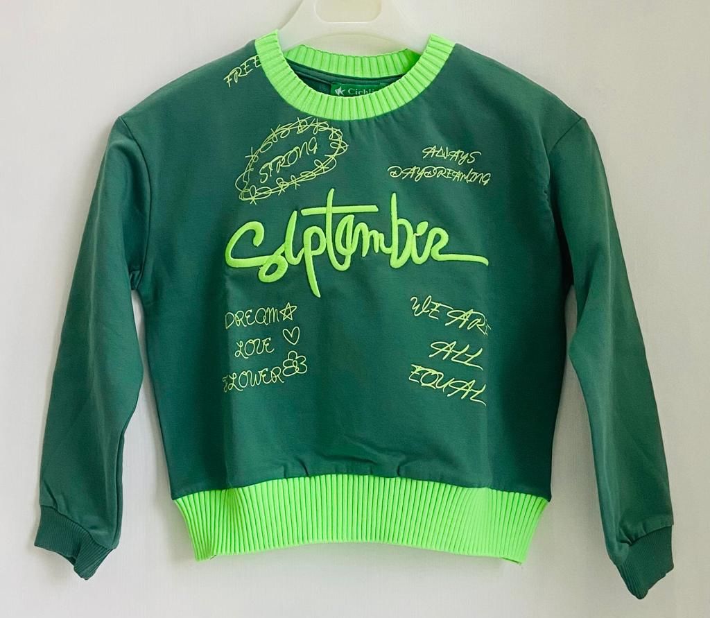Cichild 2 İplik Şardonlu Kız Çocuk Sweatshirt – Neon Baskı ve Nakış Detaylı