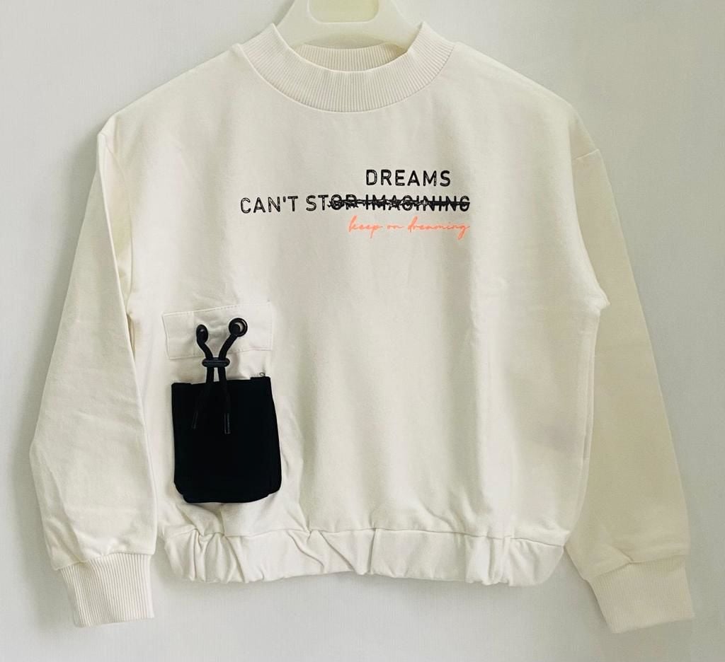 Cichild Kız Çocuk 2 İplik Fırçalı Crop Sweatshirt – Yazı ve Cep Detaylı, Krop Kesim